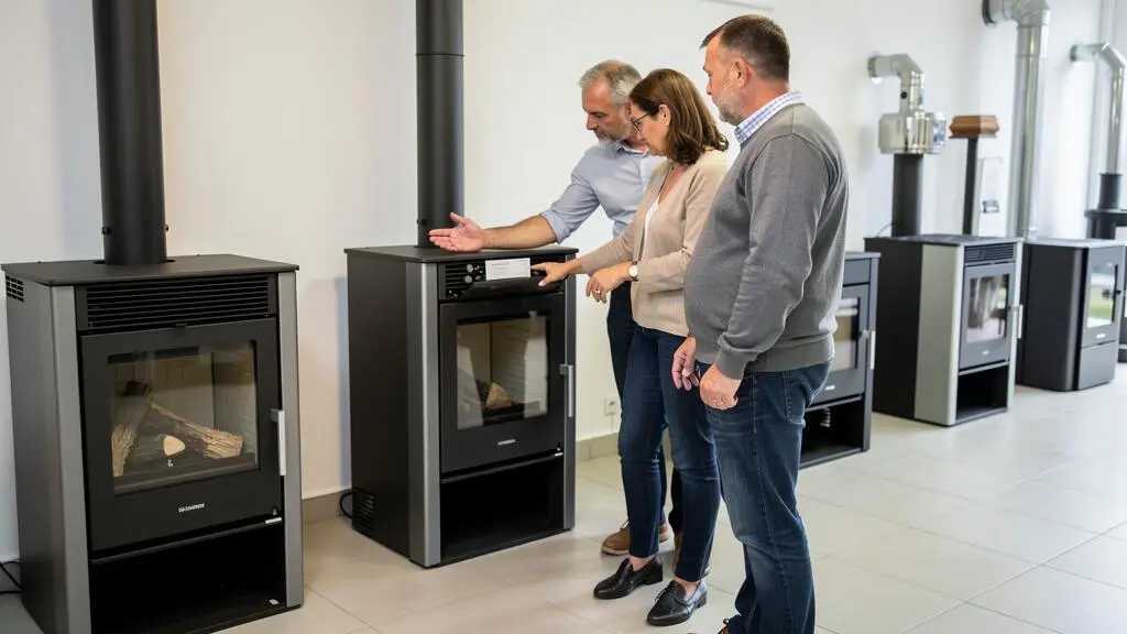 Un conseiller présente deux modèles de poêles à bois à un couple dans un showroom de chauffage.