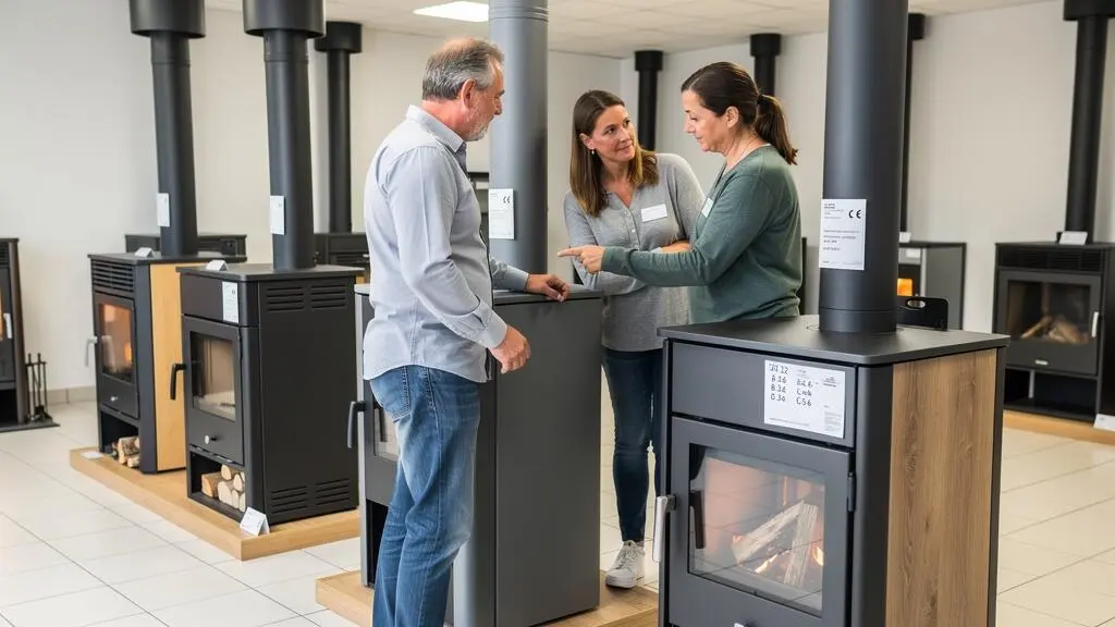 Un conseiller présente deux modèles de poêles à bois à un couple dans un showroom de chauffage.